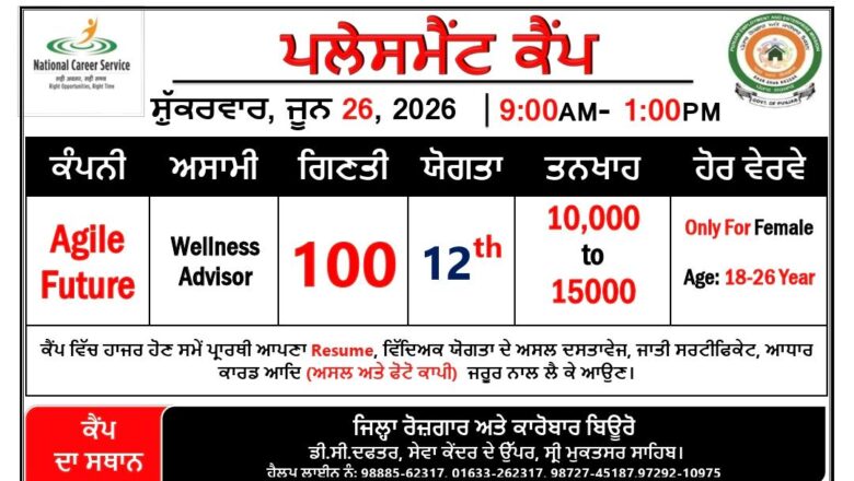 26 ਜੂਨ ਨੂੰ ਜ਼ਿਲ੍ਹਾ ਰੋਜ਼ਗਾਰ ਅਤੇ ਕਾਰੋਬਾਰ ਬਿਊਰੋ ਵਿਖੇ ਲਗਾਇਆ ਜਾ ਰਿਹਾ ਹੈ ਪਲੇਸਮੈਂਟ ਕੈਂਪ
